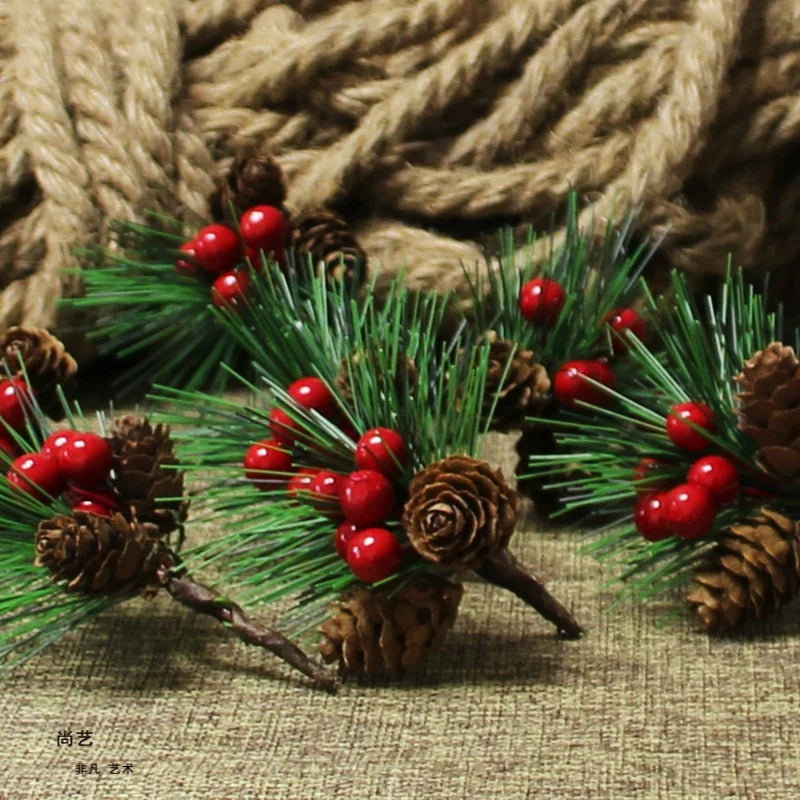 10PC/set Artificial Flower Red Christmas Berry and Pine Cone with Holly Branches Decoration for Home Floral Decor Flower Crafts