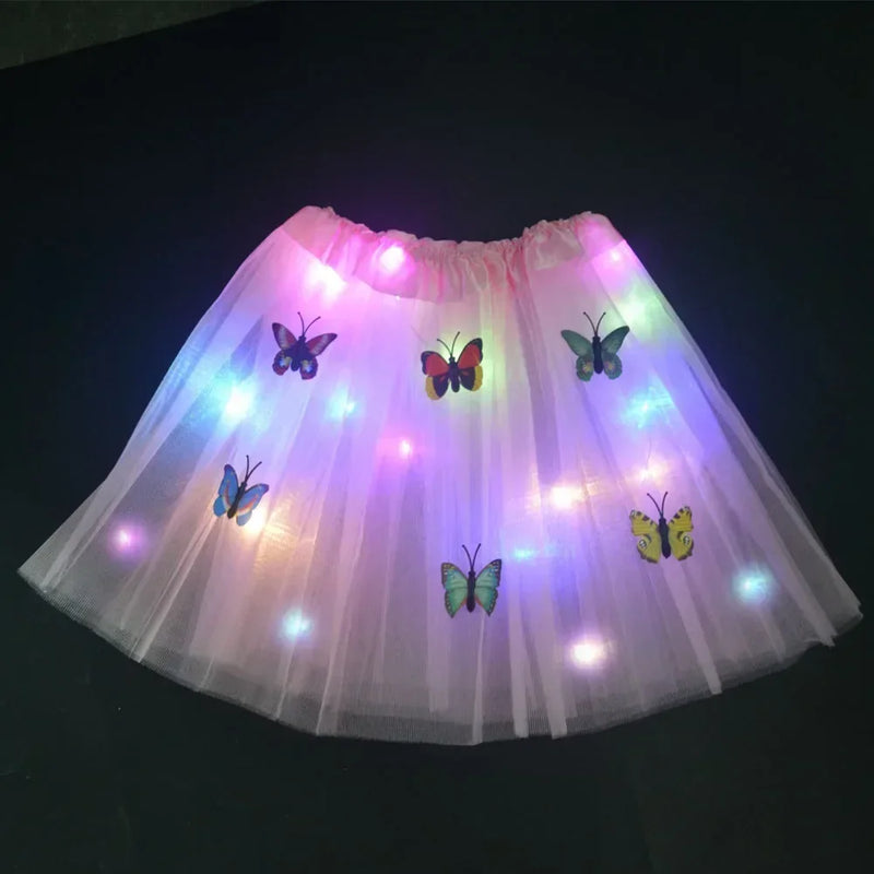 Princess Girl Butterfly Light Fairy Tutu LED Skirt Glow Flower Headband Birthday Gift Fancy Party Christmas Halloween Festival