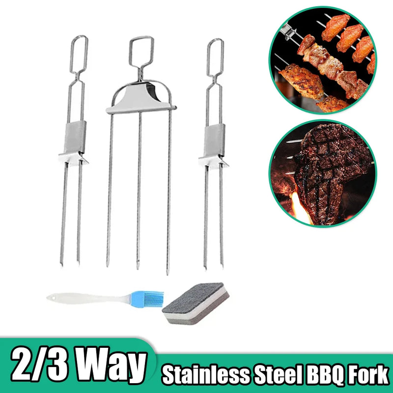 3 Way Grill Skewers Shrimp Skewers For Grilling Stainless Steel Reusable Semi-Automatic BBQ Fork 2 way Kebab Stick Kitchen Tools