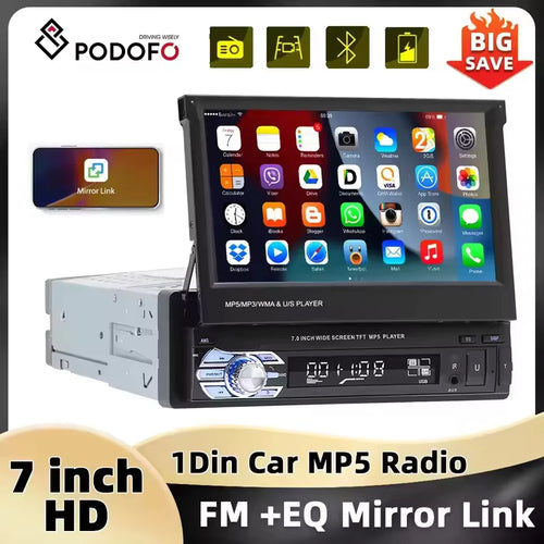 Podofo 1Din MP5 Player Mirrorlink Multimedia-Player Bluetooth FM USB EQ 4Core 7'' Ausfahrbarer Bildschirm Touchscreen Autoradio
