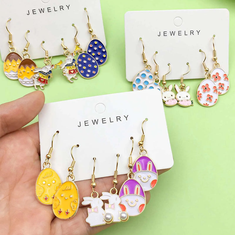 3 Pairs/Set Alloy Enamel Easter Egg Cute Cartoon Rabbit Design Earrings - Perfect Holiday Jewelry Gift
