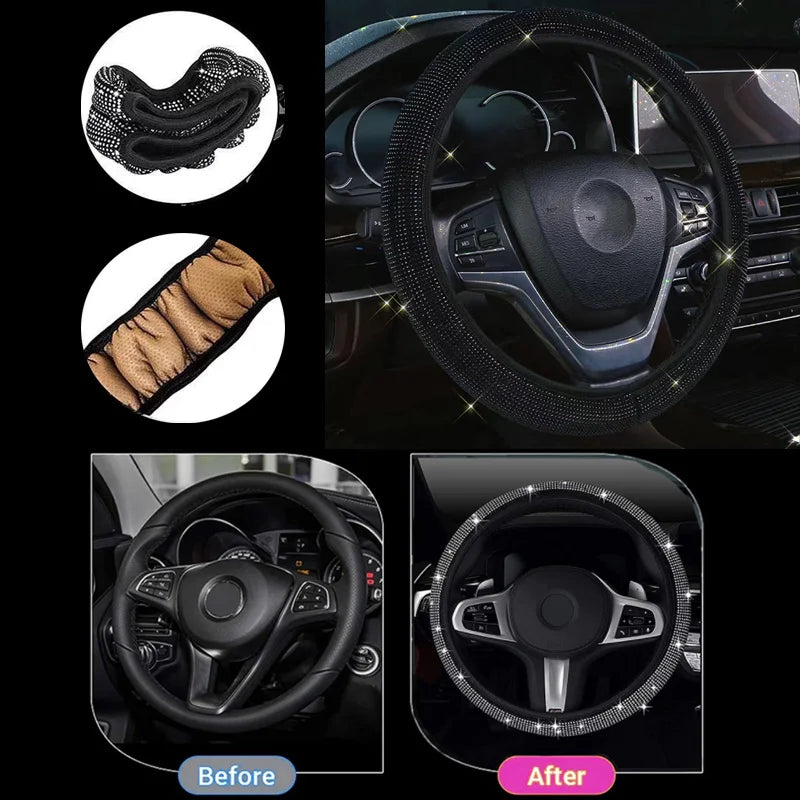 Bling Bling Diamond Rhinestones Car Steering Wheel Cover 37/38cm Auto Interior Accessories Women Case Car Styling Four Seasons