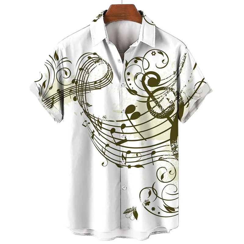 New Men's Shirt 2023 Summer Fashion Hawaiian Shirt Short Sleeve Lapel Top Music Symbol Pattern Print Shirt Oversized Man Clothes