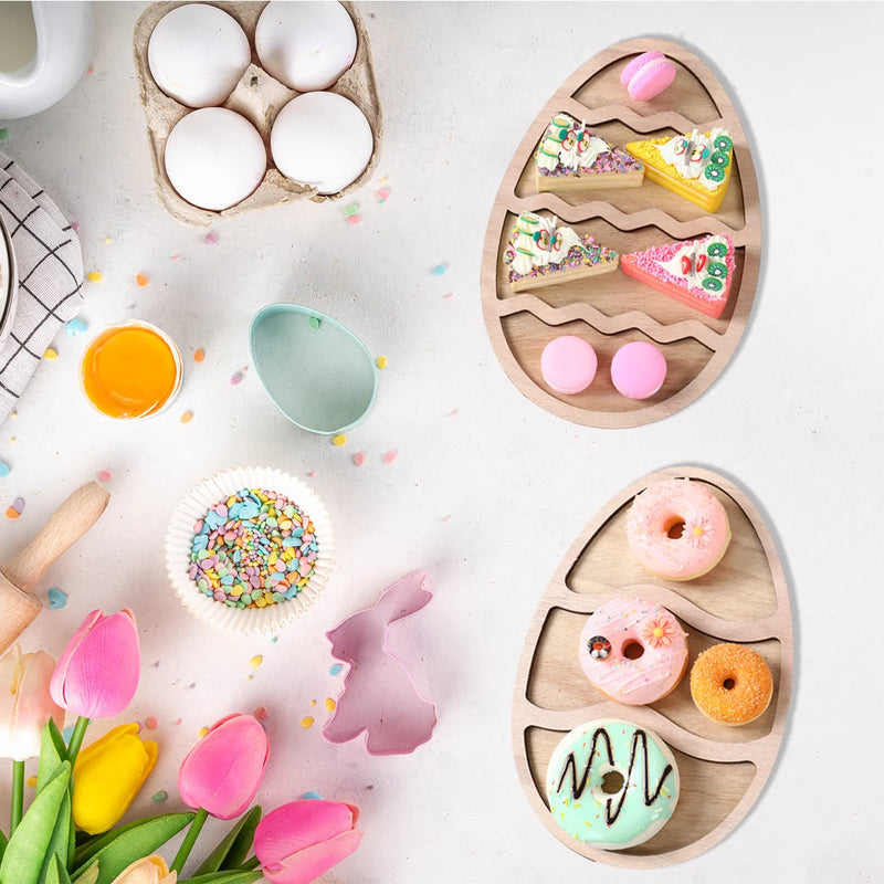 Wooden Easter Double Wavy Egg Rabbit Tray Happy Easter Party Decorations For Home 2025 Kids Favors Egg Bunny Pallet Snack Holder