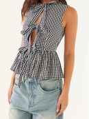 Stylish Halter Neck Crop Top Fashionable Sleeveless Checkered Blouse for Casual Outings and Nightlife Events