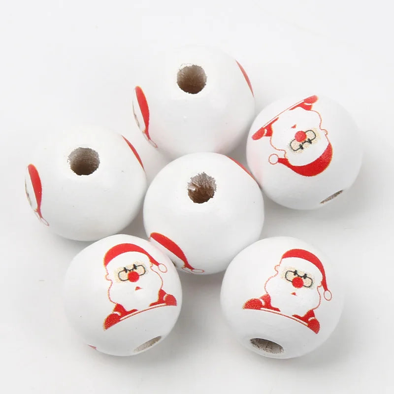 10pcs 16mm Round Christmas Wooden Beads Cartoon Wood Spacer Beads For Jewelry Making Diy Christmas Party Decor Handicrafts