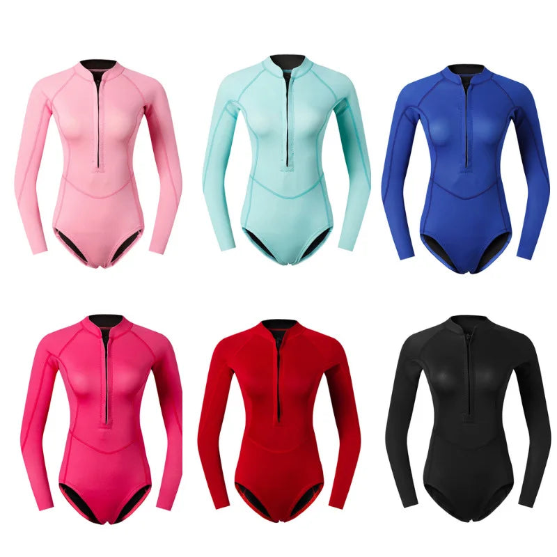 Summer Women 2MM Neoprene Bikini Wetsuit Long Sleeve Skin Diving Suit Sun-proof Surfing Snorkeling One Piece Swimwear