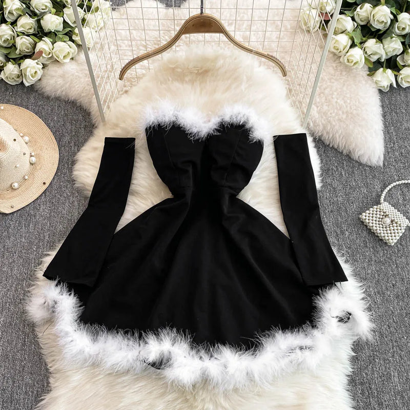 Women's Dress For New Year Vestido Sexy Off Shoulder Furry Strapless Christmas Dress 2024 Short Mini Club Party Dresses Ladies