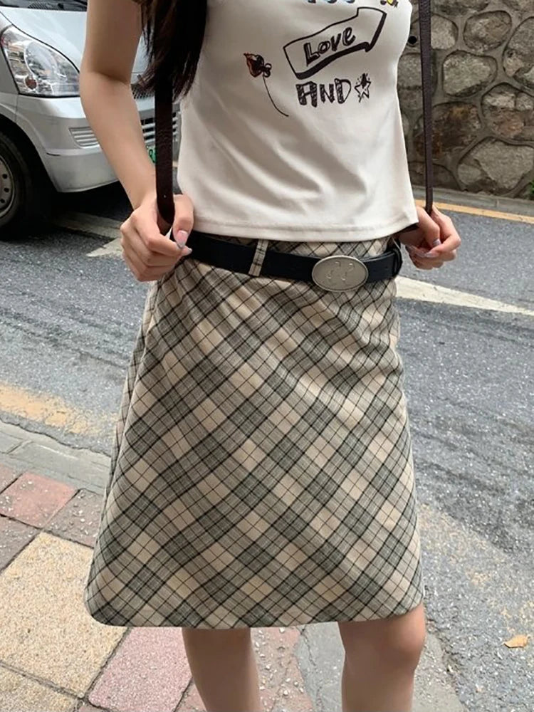 HOUZHOU Vintage Plaid Midi Skirt Women Fashion 90s Aesthetic High Waist Knee-length A-line Tube Skirt Y2k Korean Streetwear