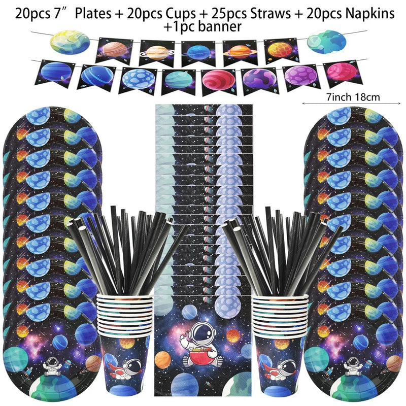 Space Astronaut Birthday Disposable Tableware Space Universe Plates Cups Napkins Banner Boys Outer Space Theme Party Decoration