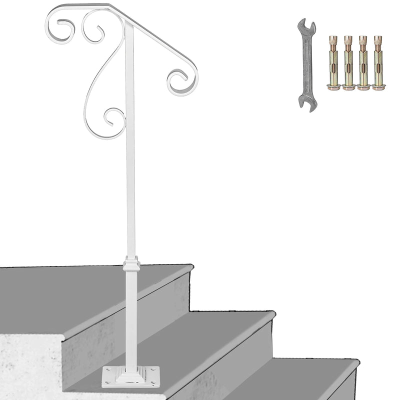 SucceBuy Single Post Handrail Wrought Iron Post Mount Step With Base Plate Fits 1Or2 Steps Grab Rail Single White/Gray Railing
