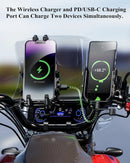 Shookproof Motorcycle Phone Mount Holder & 15W Wireless Charger 30W PD/USB-C Charging Vibration Dampener Anti-Theft Handlebar