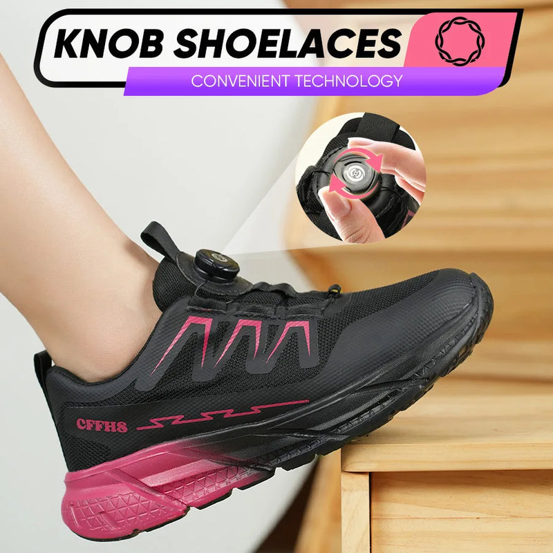 Women's safety shoes with steel toe caps, anti smashing and anti puncture rotating buttons, no tie up, hot selling shoes