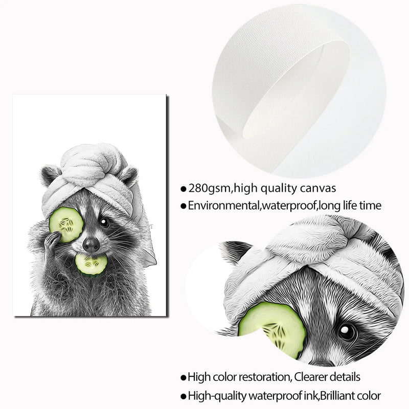Adorable Raccoon Bathroom Roll Paper Prints Wall Art Canvas Painting Funny Toilet Poster Animal Cute Pictures Home Decoration