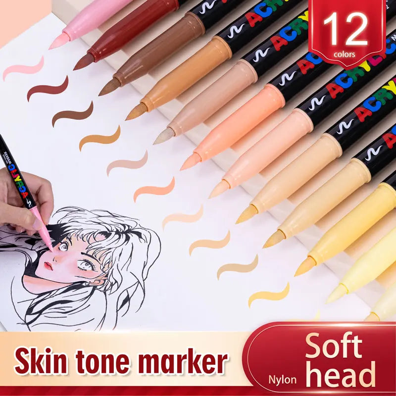 12 Colors Skin Tone Markers Pens,Nylon Soft head Acrylic Markers,Waterproof Pen Soft brush Nib Skin Color Figure Painting