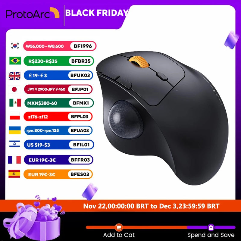 ProtoArc EM04 Trackball Mouse Wireless Rechargeable Ergonomic Vertical Bluetooth Mice for Computer PC iPad Mac Windows Android