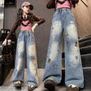 Mädchen Jeans Frühling Herbst Cartoon Weite Beine Jeans für Teenager Kinder Schwere Stickerei Stern Loose Straight Leg Hose für Kinder