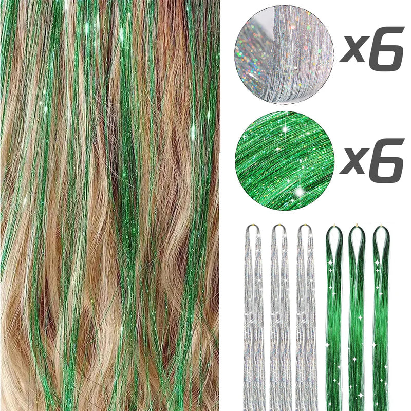 Tinsel Hair Extension 12pcs Glitter Sparkling Shinny Fairy Hair Accessories for Women and Girls for Christmas New Year Halloween