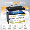 FLLYROWER 12V 180AH LiFePO4 Lithium Battery Pack  With Charger 8000+Cycles BMS 100A For Touring Campers Off-Road Solar Wind