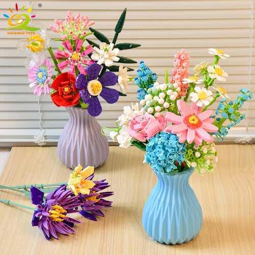 HUIQIBAO MOC Flower Model Building Blocks 3D Bouquet Plants Sunflower Rose Bricks Kits Children DIY Educational Toys Home Decor