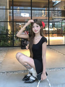New Women Slim Temperament Purple Black Mini Dress Sexy Summer Knit Waist Skirt Spice Girls Dresses Bodycon Dress High Quality