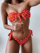 Front Tie Bandeau Bikini Swimwear Women Off Shoulder Black Dot Print High Let Bikinis Bathers Bathing Suit Thong Swimsuit 2022