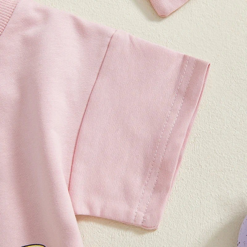 Adorable Toddler Easter Bunny Romper Set with Matching Headband - Cute Short Sleeve Letter Print Jumpsuit for Baby Girl