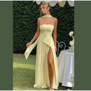 The Aurelian | Butter Yellow Mesh Strapless Pleated Evening Gown