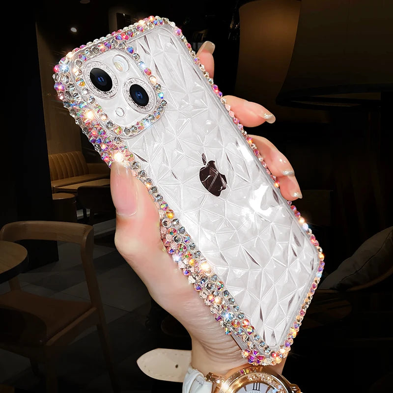 Luxury Glitter Bling Diamond Crystal Transparent Phone Case For iPhone 14 13 12 11 Pro Max 15 14 Pro Clear Soft Shockproof Cover