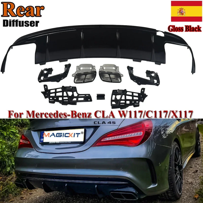 MagicKit For Mercedes Benz  AMG W117 C117 X117 Rear Diffuser With Exhaust Tailpipes CLA260 CLA45 Rear Bumper Lip Gloss Black