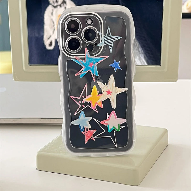 Korean Graffiti Star Clear Phone Case for IPhone 15 11 12 13 14 Pro Max X XS XR SE 7 8 Lovely Transparent Full Coverage Cover