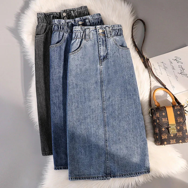 Plus Size 4xl 5xl Solid Button Pockets Denim Skirt Summer Casual Vintage Slim Elegant Skirts Spring Korean Fashion Long Faldas