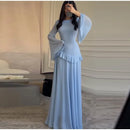Fashion Flare Sleeve Ruff Long Dress Women Solid O-neck High Waist Slim Pleated Maxi Dresses 2025 Lady Summer Chic Party Robes