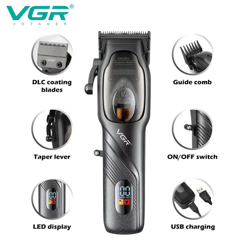 VGR Hair Clipper Professional Cordless Barber Trimmer Adjustable Portable Cutting Machine Digital Display Clipper for Men V-269