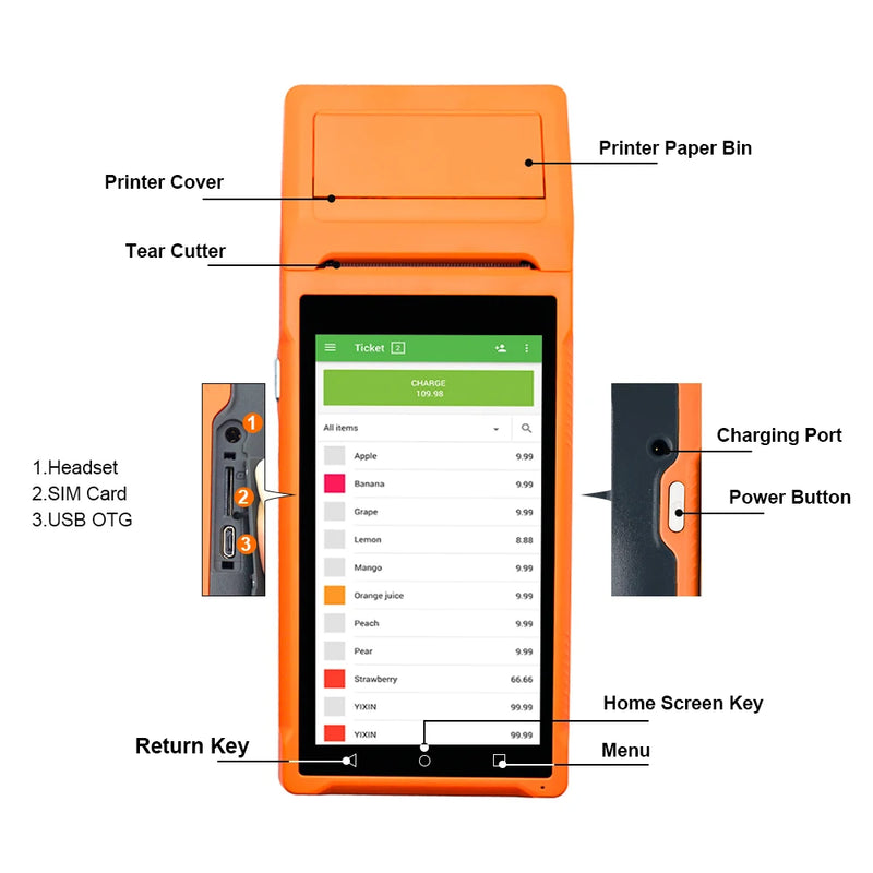 Handheld PDA Android 8.1 Terminal POS 58mm Mobile Receipt Bill Thermal Printer 5.5''HD+ Support WiFi 1D/2D Scanning POS System