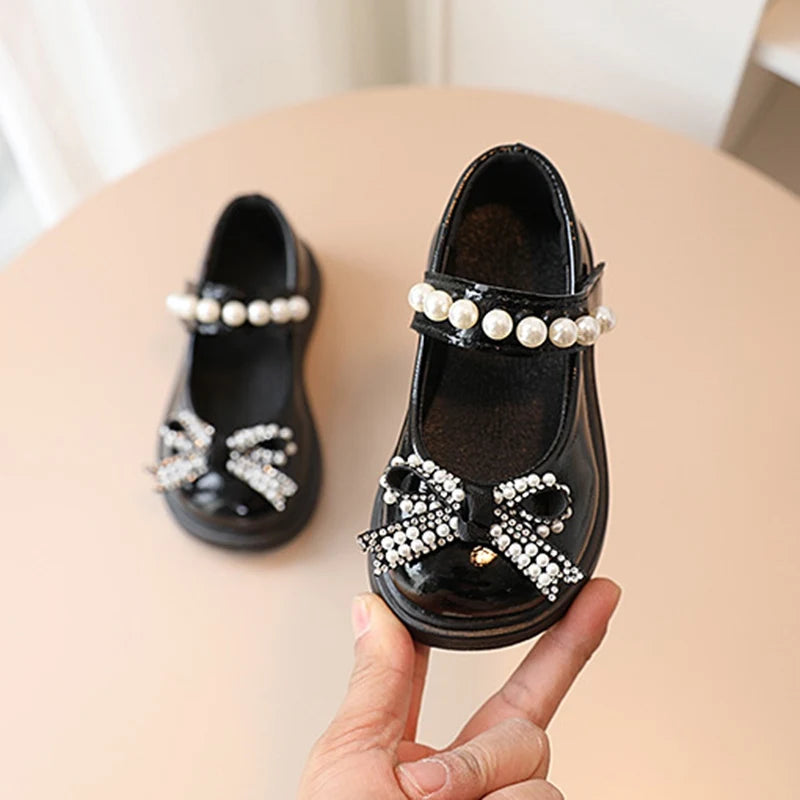 Children Girls Princess Shoes School Party Wedding Kids  Bow-knot Pearls Beading Sweet Cute Soft Shoes Non-slip Leather Shoes