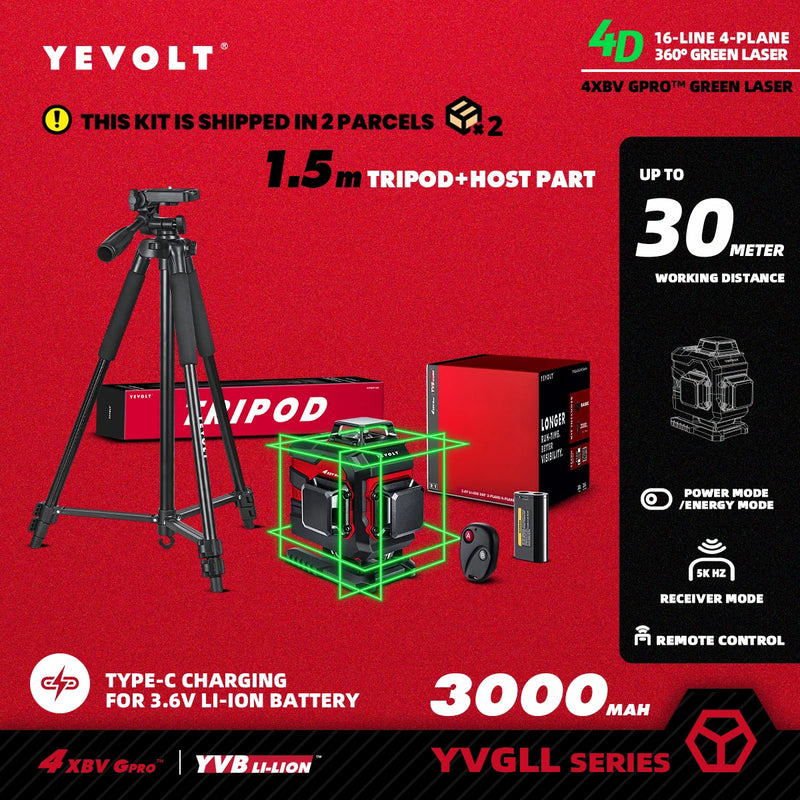 YEVOLT Laser Level Green Beam 4-Plane 16-Line Self-leveling 360 3D Ground-Hugging Horizontal & Vertical Tile Measuring Tools