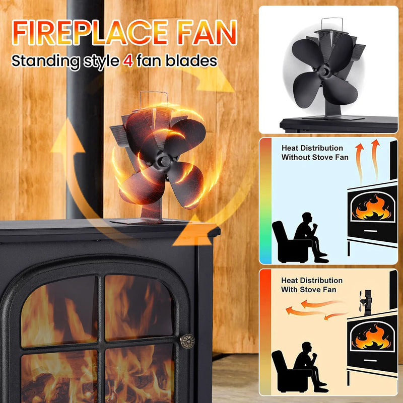 4 Blade Heat Powered Stove Fan Black Fireplace Fan komin Log Wood Burner Eco Friendly Quiet Fan Home Efficient Heat Distribution