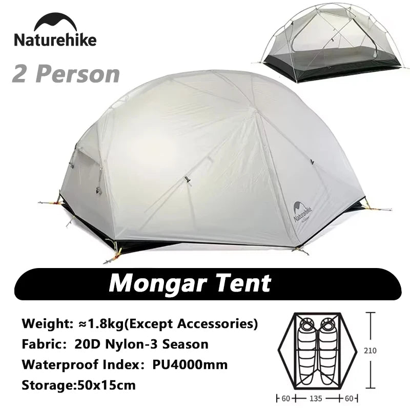 Naturehike Mongar 2 Camping Tent Ultralight Outdoor 3 Season Waterproof 20D Nylon Hiking Tent 2 Person Backpacking Tent