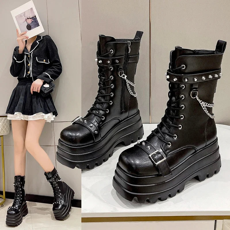 Platform Thick Gothic Boots Lady Buckle Autumn Shoes Women Wedges Knee High Boots Punk Street Cosplay Botas Motorcycle Chain