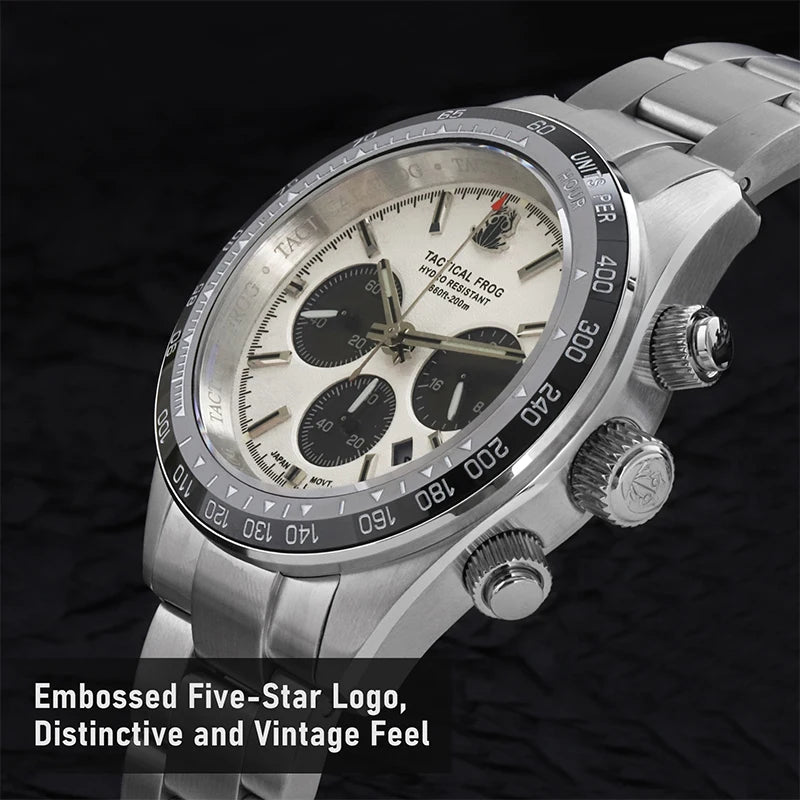 Tactical Frog Watch For Men 41mm Panda Chronograph VS75A Solar Quartz Movement Sapphire C3 Luminous 200M Waterproof Men's Watch