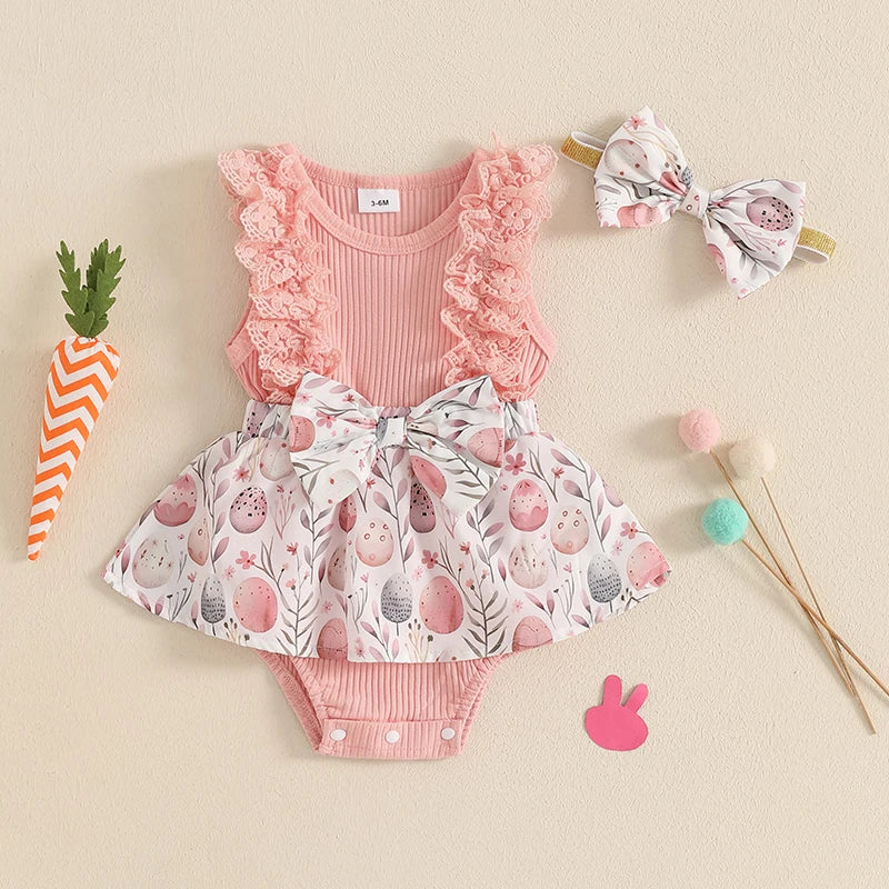Toddler Girls Floral Print Romper Dress with Lace Ruffles and Matching Headband for Easter Celebration and Photoshoots