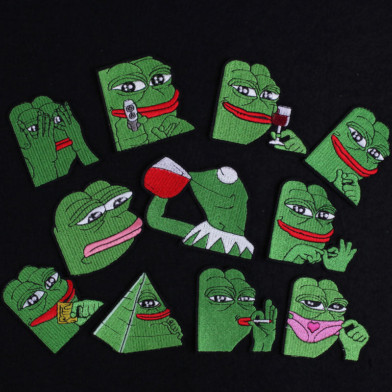 Iron on Cute Frog Patches on Clothes Backpack Cartoon Pepe The Frog Meme Embroidered Patch Badges for Clothing Sticker Appliques