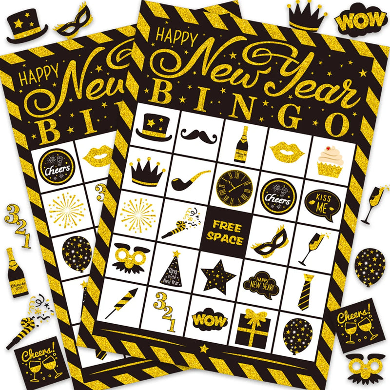 1 Set 2025 Happy New Year Theme Bingo Desktop Game Cards for 24 Players Family Classroom New Year Party Favors Decoration