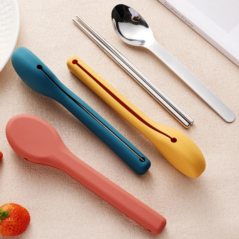 Portable Stainless Steel Cutlery Set, Suitable for Work, School, Picnic, Camping, Travel, Reusable Silicone Portable Cutlery Set