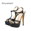2026 New Women Sandals 14cm Sexy T-Strap Peep Toe Platform Summer Red Wedding Shoes Patent Leather Thin High Heels Big Size 44