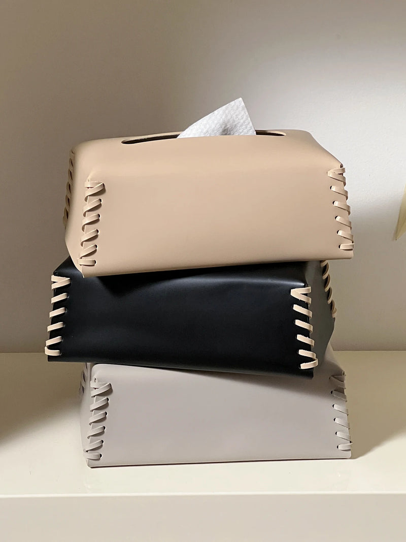 Luxury Woven Tissue Box PU Leather Napkin Case Pure Color Tissue Paper Holder Desktop Home Decoration Creative Paper Towel Cover
