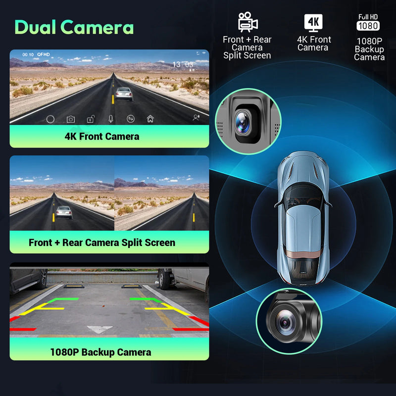 4K 10.26" Touch Screen Car DVR Dashcam Wireless Apple CarPlay Android Auto Dual Lens Video Recorder Dual Dash Cam DVR