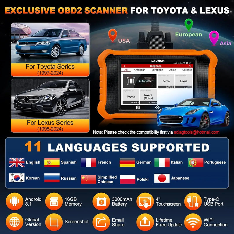 LAUNCH X-431 Creader Elite V2.0 For Toyota For Lexus All System Car Diagnostic Tool ECU Coding Active Test OBD2 Lifetime Free