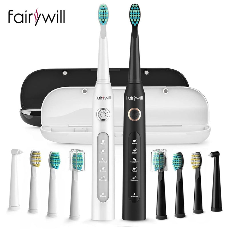 Fairywill Sonic Electric Toothbrush FW-D7 set USB Charge Toothbrushes case for Adult with tooth brush Heads 5 Mode Smart Time